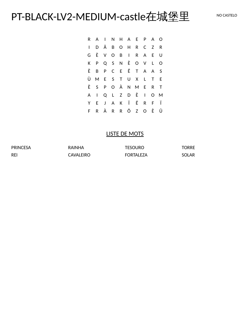 Portuguese castle-themed word search with words like princesa, rei, and cavaleiro.