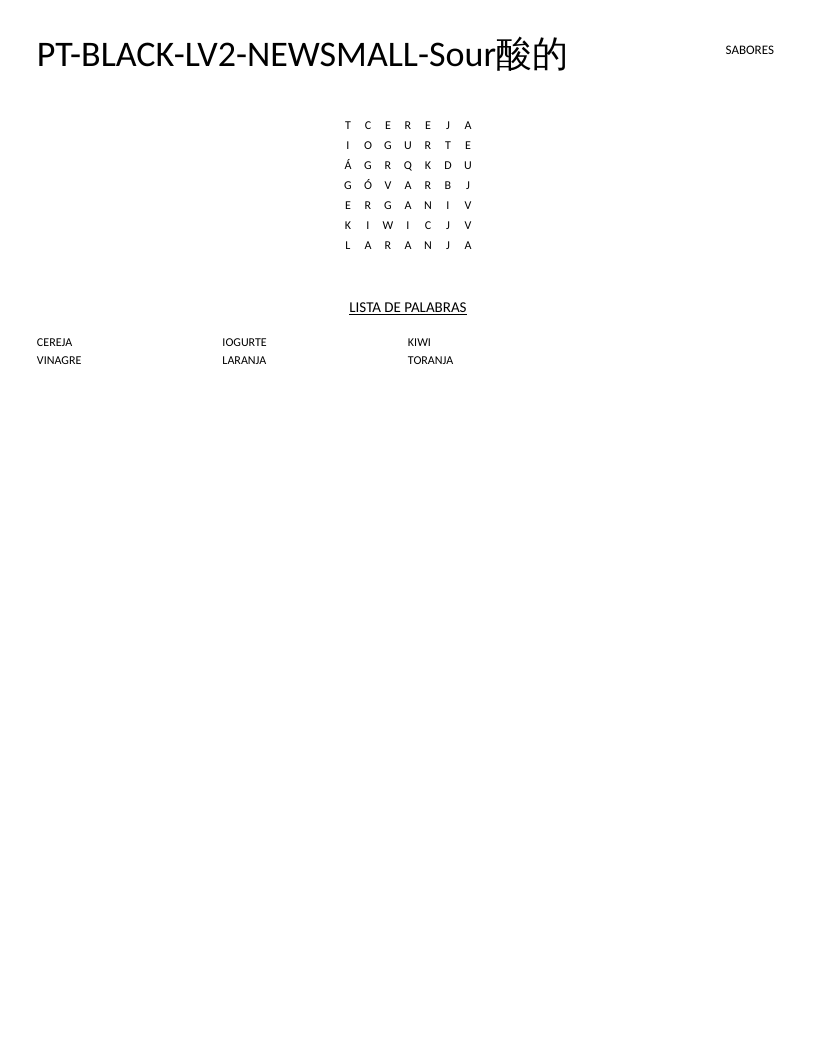 Portuguese sour-food word search with words like vinagre, cereja, and iogurte.