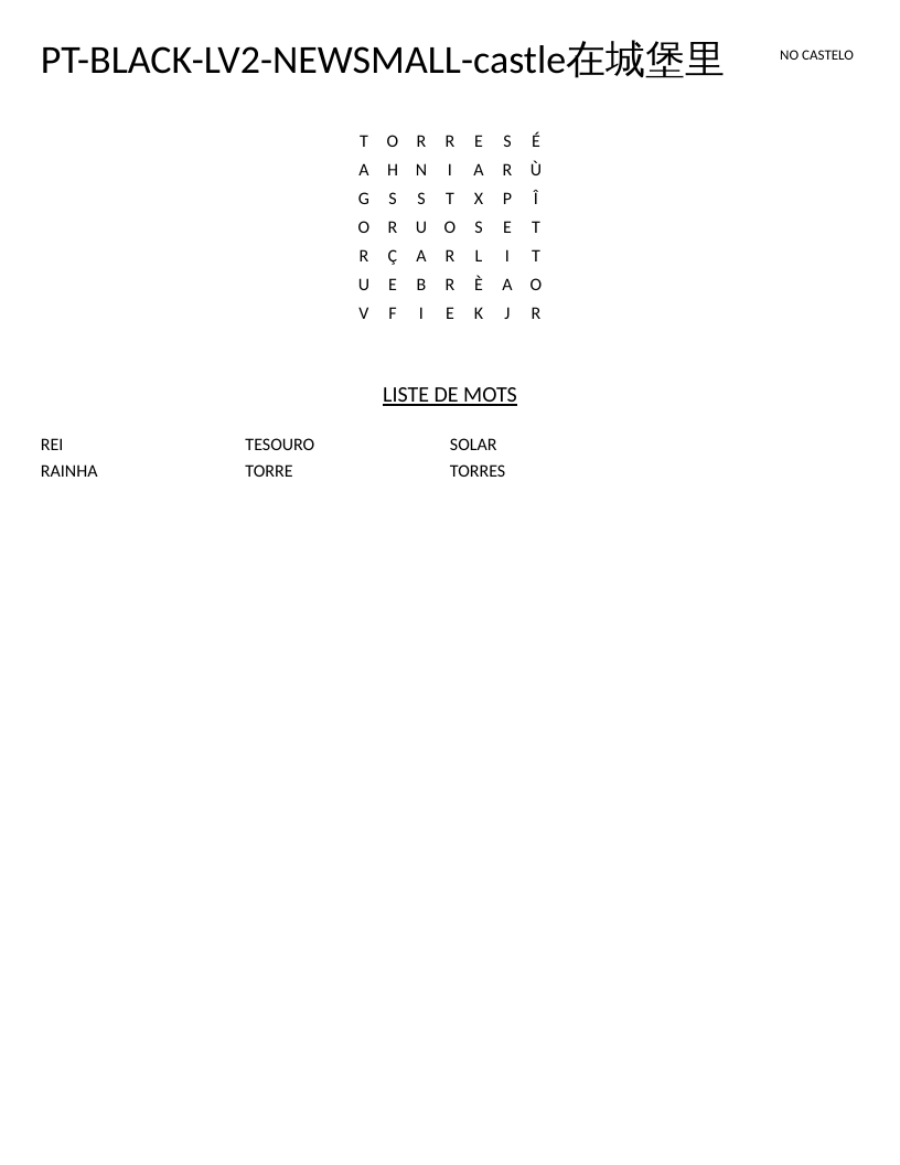 Small castle-themed Portuguese word search with words like rei, rainha, and tesouro.