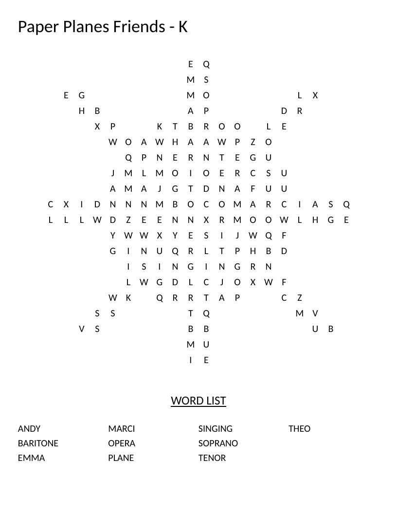 Sun-shaped Paper Planes Friends word search with character names and music vocabulary.