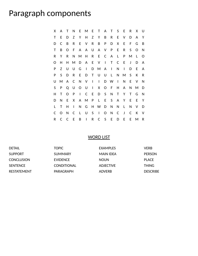 Paragraph components word search with writing terms like topic sentence, evidence, and conclusion.