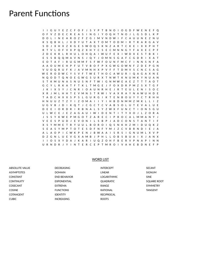 Parent Functions word search with algebra and trigonometry vocabulary like domain, asymptotes, and tangent.