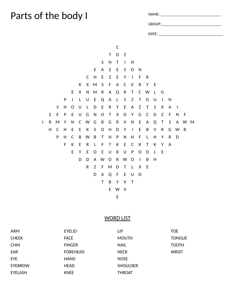 Diamond-shaped body parts word search with words like eye, nose, shoulder, and finger.