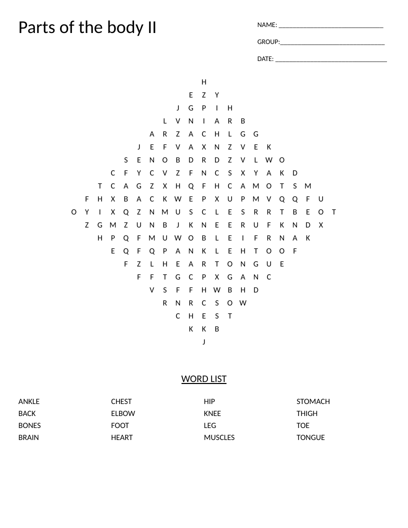 Diamond-shaped body parts word search with words like brain, heart, muscles, and bones.