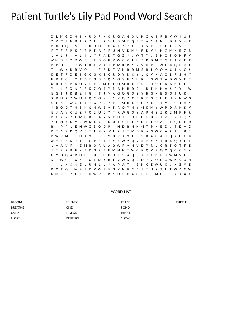 Patient Turtle's Lily Pad Pond word search with mindfulness words like patience, calm, and breathe.