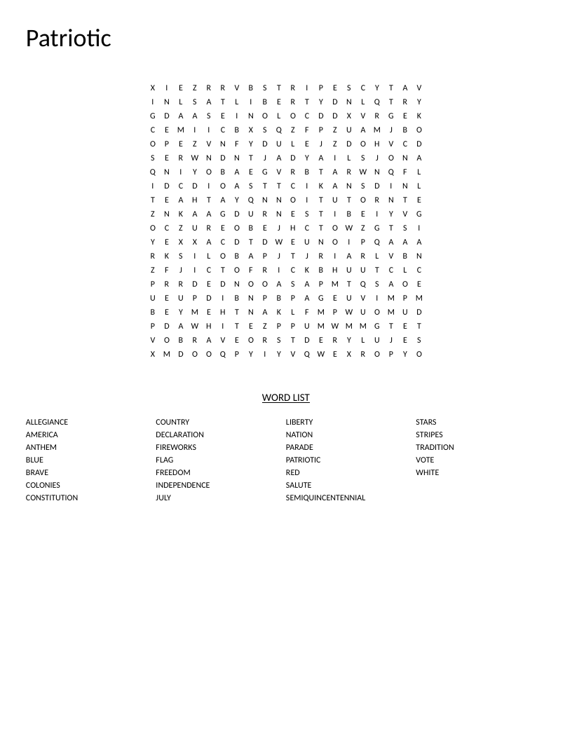 Patriotic word search with American independence words like Declaration, Constitution, and fireworks.