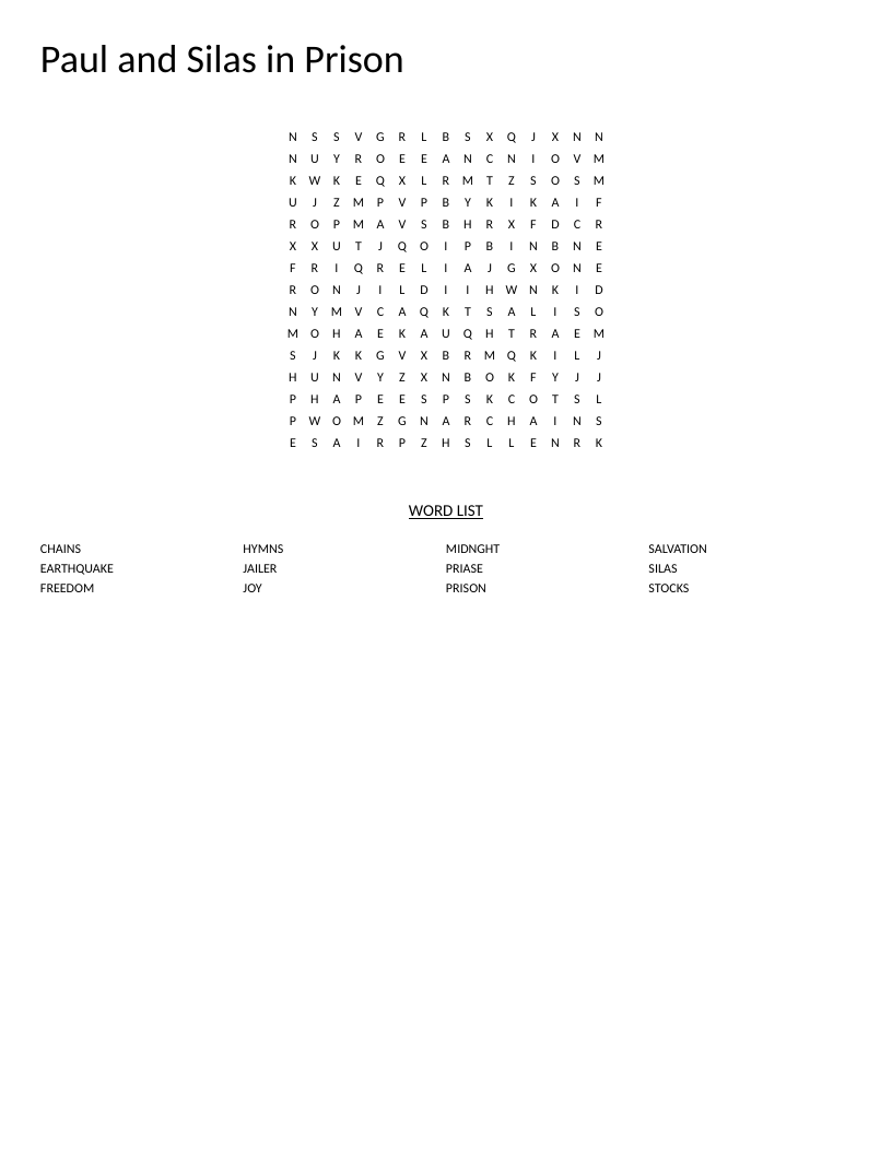 Paul and Silas in Prison word search with Bible words like earthquake, hymns, and chains from Acts 16.