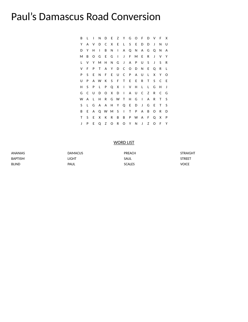 Word search about Paul's Damascus Road conversion with biblical words like Saul, baptism, and Ananias.