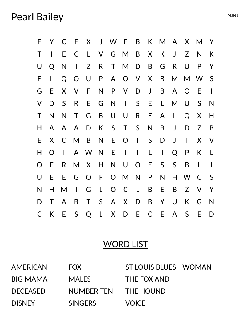 Pearl Bailey word search with words like Disney, St. Louis Blues, and Big Mama.