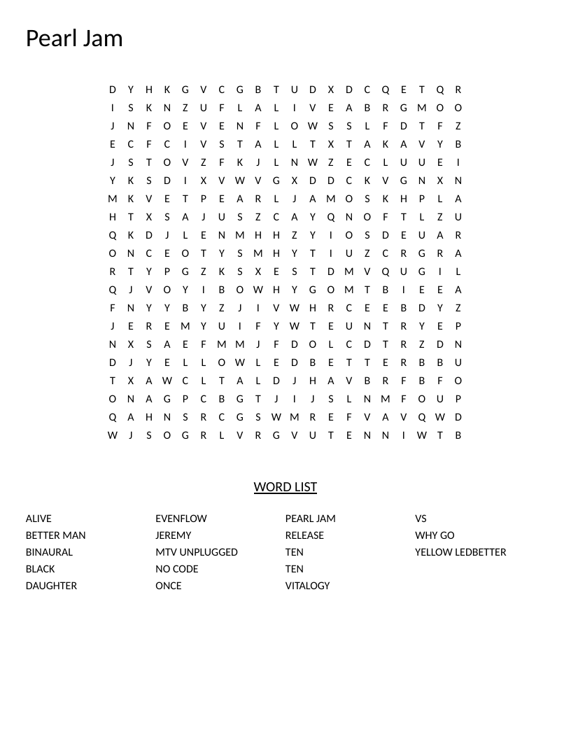 Pearl Jam word search featuring band name, album titles, and hit songs like Alive and Jeremy.