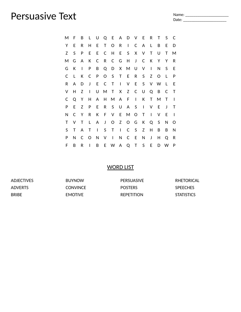 Persuasive writing word search with vocabulary including rhetorical, emotive, and repetition.