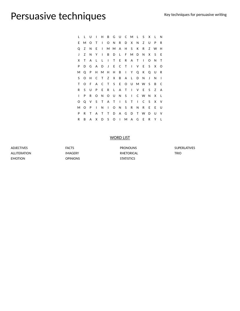 Persuasive techniques word search with vocabulary including rhetorical, imagery, and alliteration.