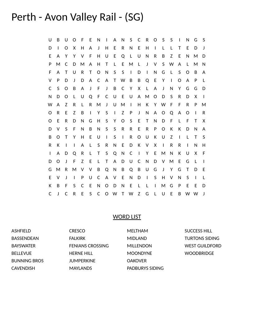 Perth Avon Valley railway word search with station names like Maylands, Bassendean, and Bellevue.