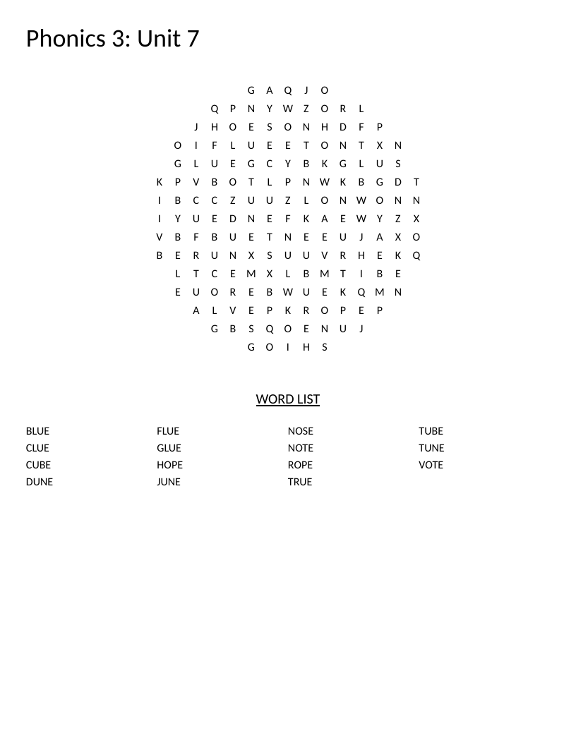 Circular phonics word search with long-vowel words like blue, clue, tune, and hope.