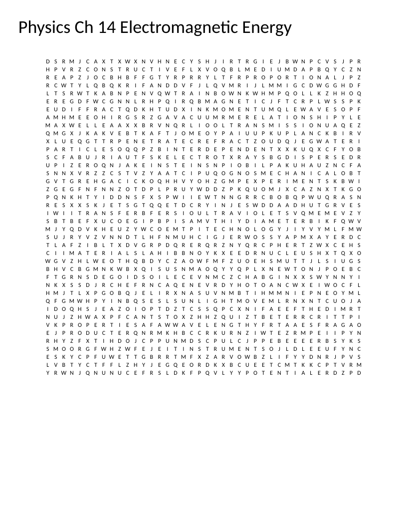 Physics word search with electromagnetic vocabulary including Maxwell, photon, wavelength, and spectrum.