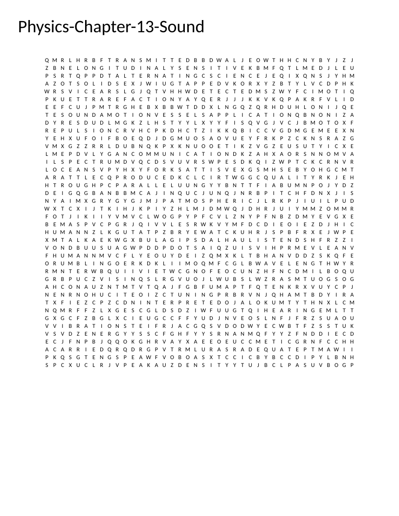 Physics word search on sound with terms like frequency, amplitude, compression, and rarefaction.