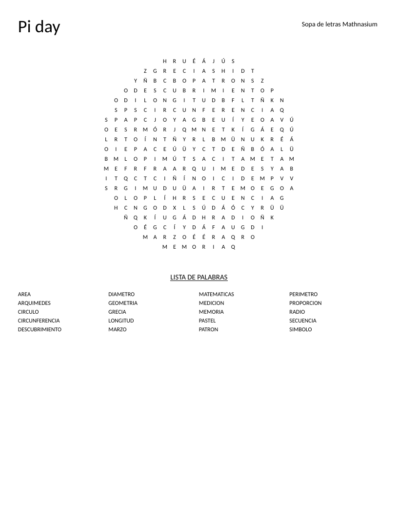 Circle-shaped Pi Day word search in Spanish with geometry terms like circunferencia and diámetro.