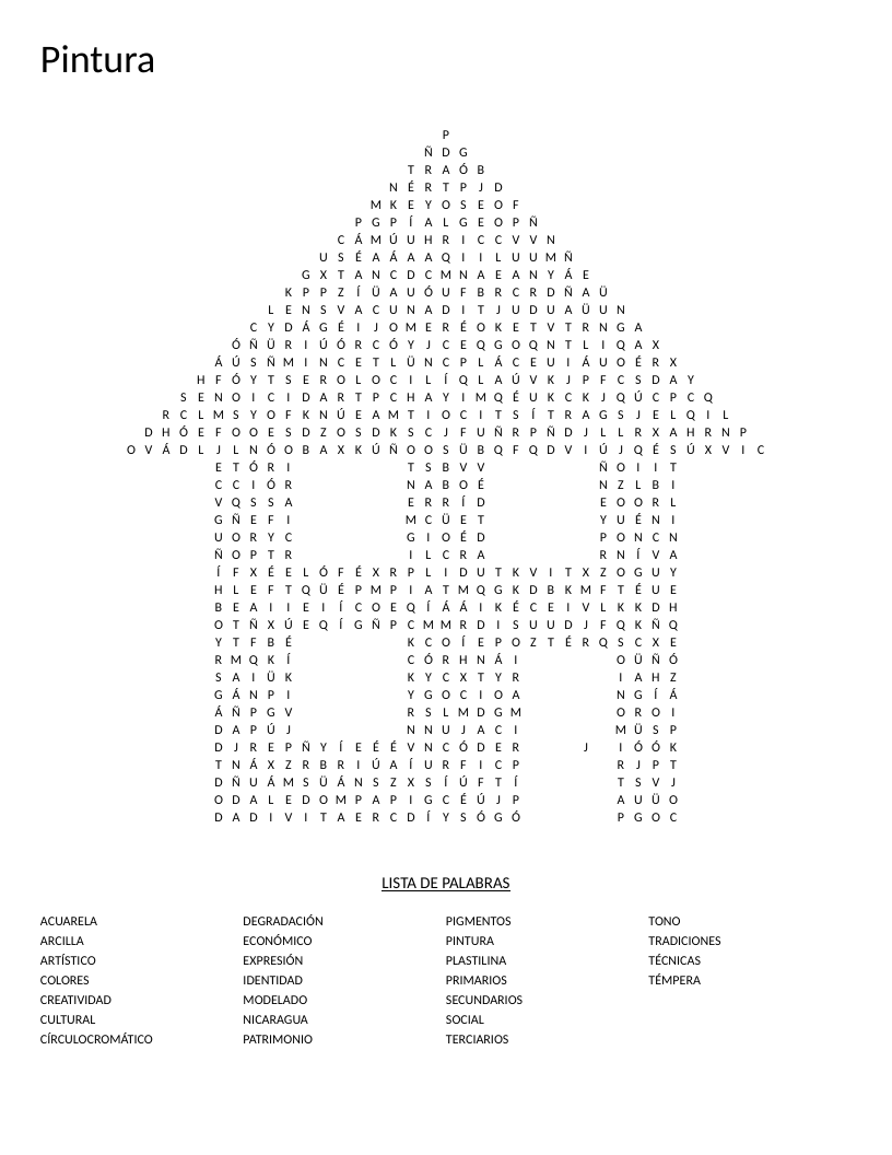 Spanish painting word search with art vocabulary including acuarela, pigmentos, and color theory terms.