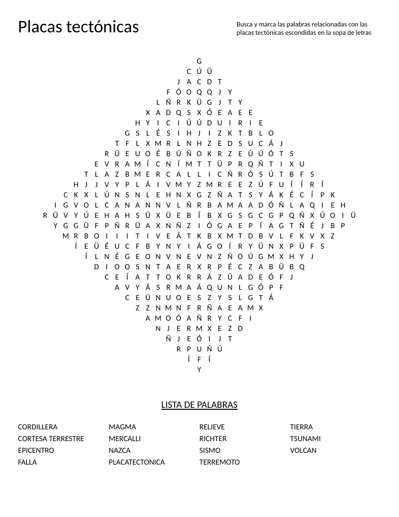 Spanish tectonic plates word search with words like tsunami, volcán, and terremoto.