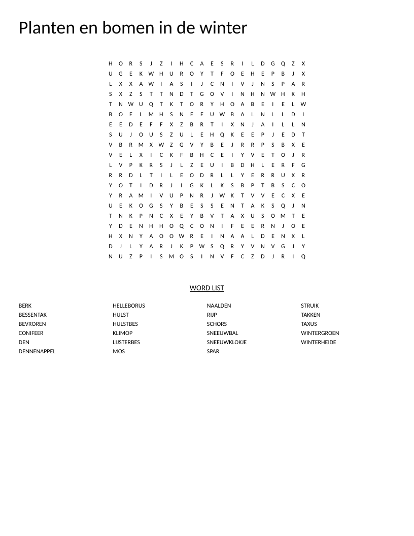 Dutch winter plants and trees word search with words like hulst, sneeuwklokje, and dennenappel.