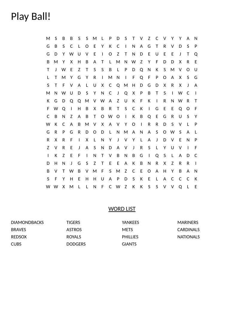MLB baseball word search with team names including Yankees, Dodgers, and Red Sox.