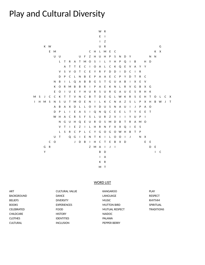 Sun-shaped cultural diversity word search with Indigenous Australian words like Palawa and muttonbird.