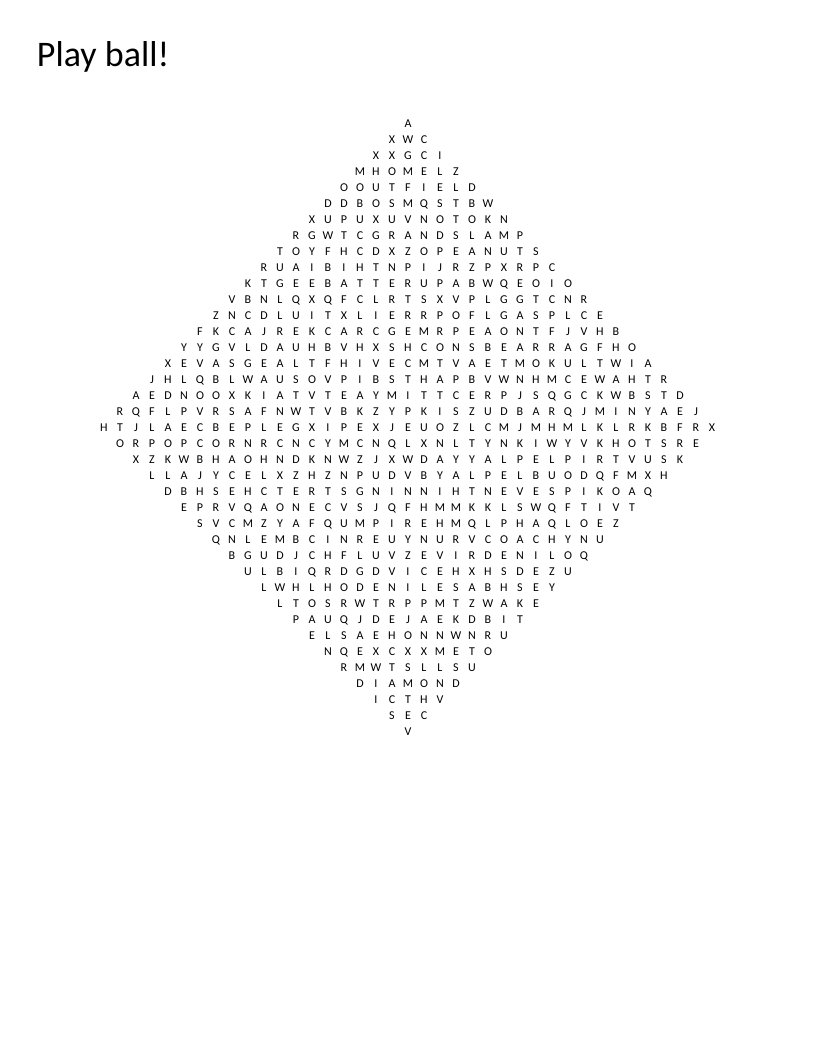 Diamond-shaped baseball word search with words like shortstop, grandslam, and seventh-inning stretch.