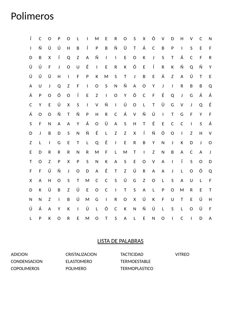 Spanish polymer chemistry word search with terms like elastómero and cristalización.