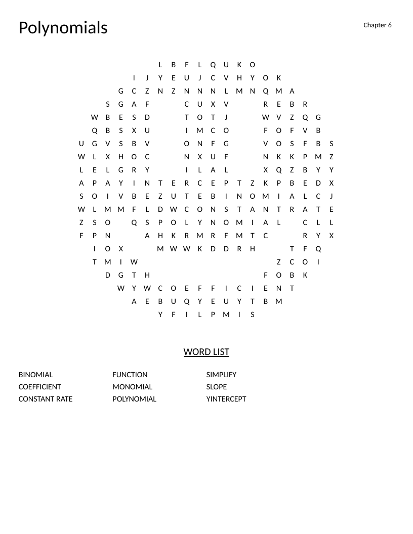 Smiley-shaped polynomials word search with algebra terms like binomial, monomial, and coefficient.