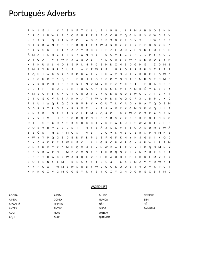 Portuguese adverbs word search with words like sempre, nunca, aqui, and agora.
