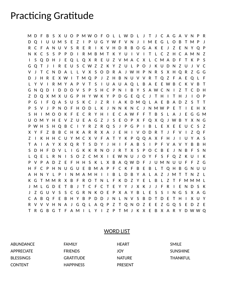 Gratitude word search with words like thankful, blessings, and abundance for teaching appreciation.