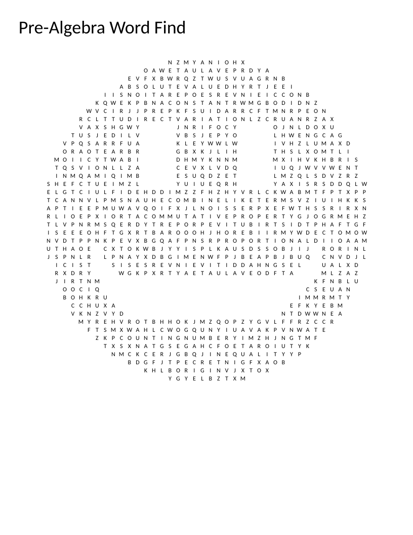 Pre-algebra word search in smiley-face shape with terms like distributive property and slope.