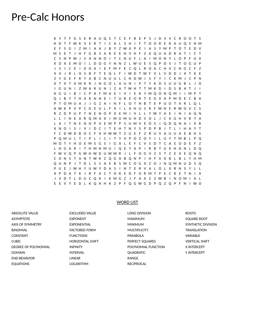 Pre-calculus honors word search with mathematics terms like polynomial function and asymptote.