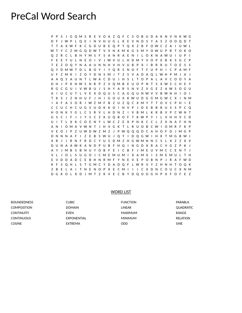 Precalculus word search with terms like function, domain, parabola, and exponential.