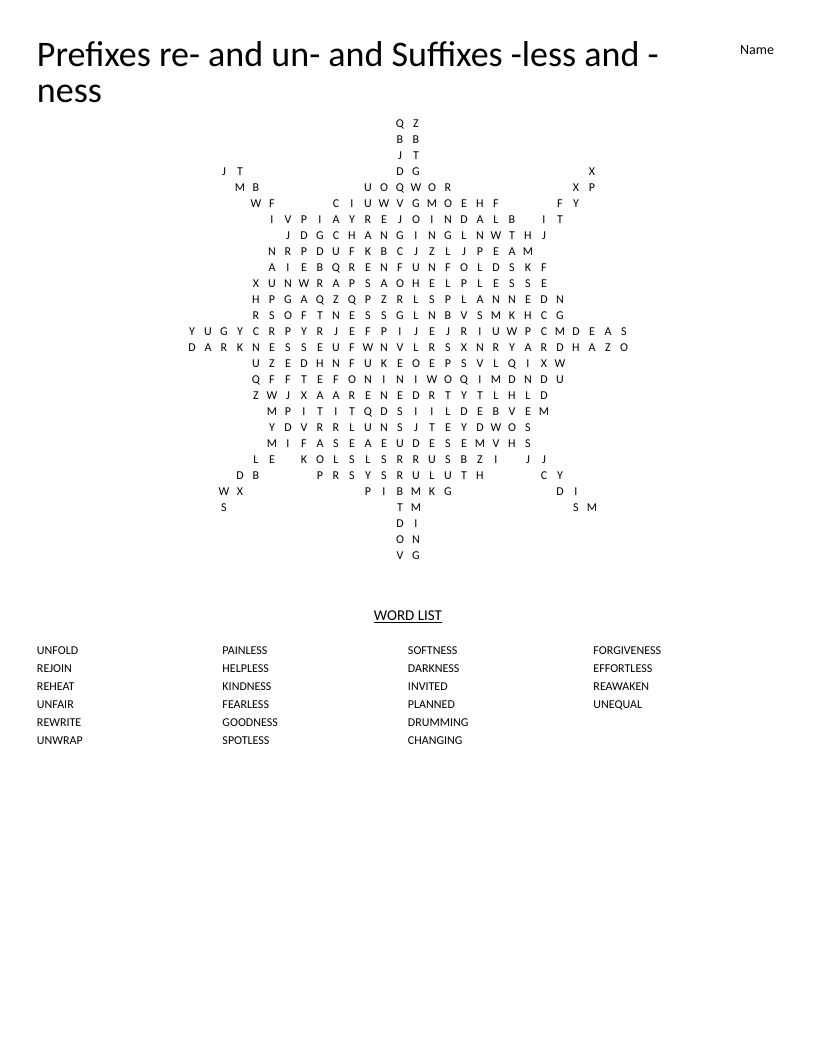 Sun-shaped word search on prefixes and suffixes: re-, un-, -less, -ness with words like kindness and fearless.