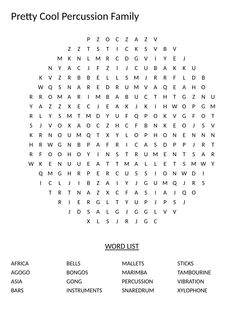 Circle-shaped percussion instruments word search featuring xylophone, marimba, bongos, and gong.