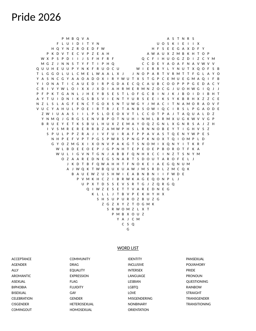 Heart-shaped Pride word search with LGBTQ+ vocabulary including transgender, bisexual, and nonbinary.