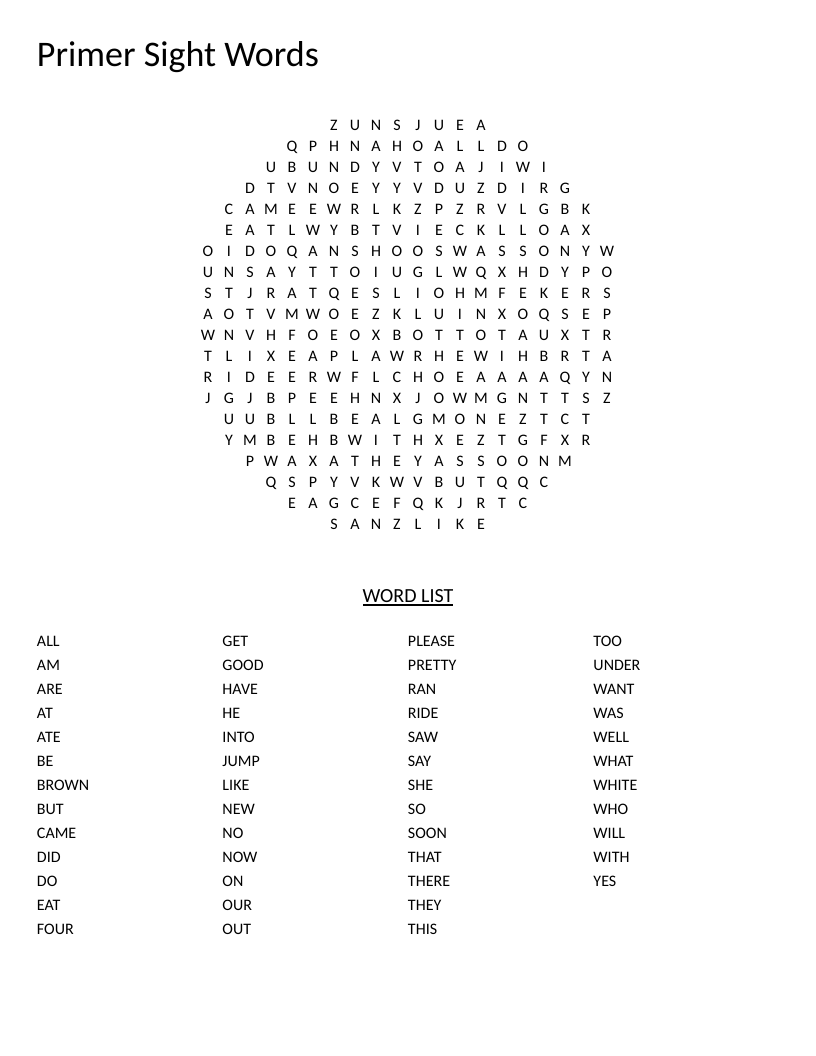Circle-shaped primer sight words word search with words like LIKE, HAVE, and THERE for early readers.