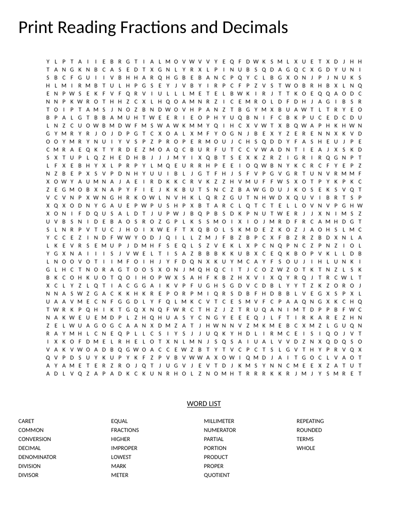 Fractions and decimals word search with math vocabulary like numerator, denominator, and conversion.
