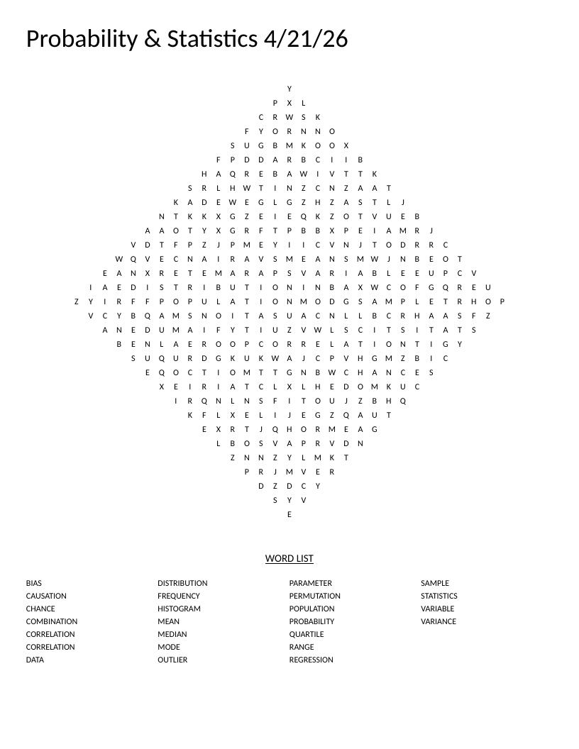 Probability and statistics word search in diamond shape with vocabulary like mean, histogram, and regression.