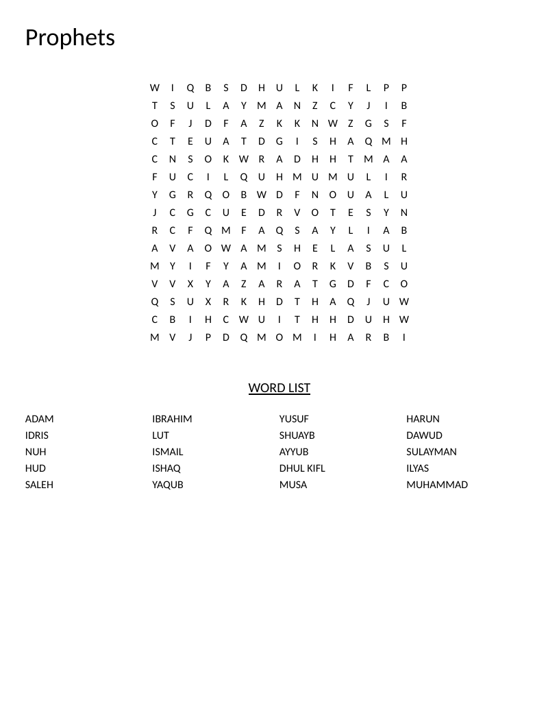 Prophets word search featuring Islamic figures including Adam, Ibrahim, Musa, and Muhammad.
