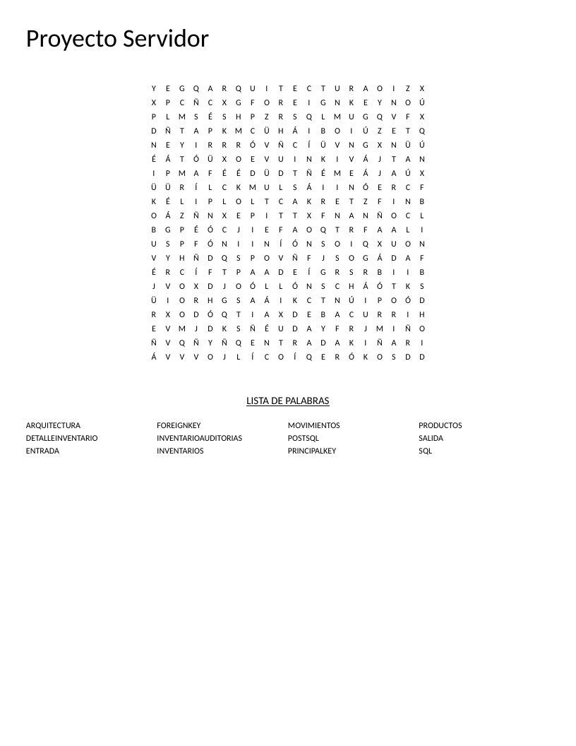 Spanish database word search with SQL and PostgreSQL vocabulary for server architecture project.