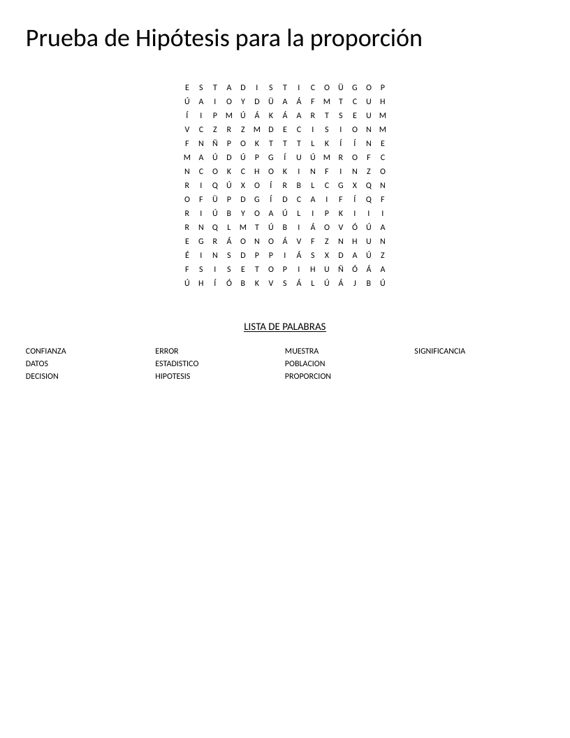 Spanish hypothesis testing word search with statistics vocabulary including muestra and significancia.