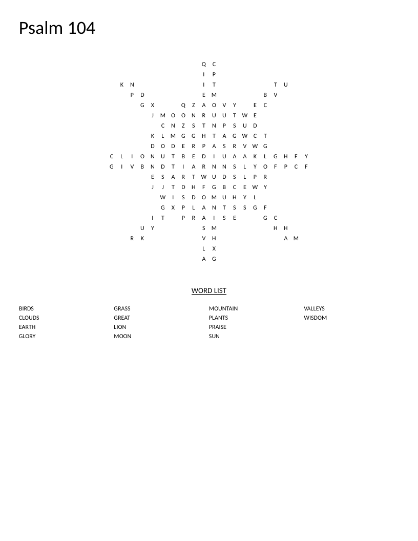 Sun-shaped Psalm 104 word search with creation words like sun, moon, mountains, and birds.