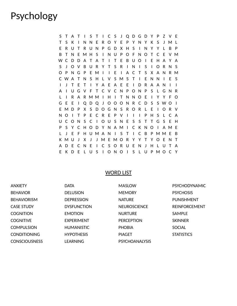 Psychology word search with terms like cognition, psychoanalysis, neuroscience, and Maslow.