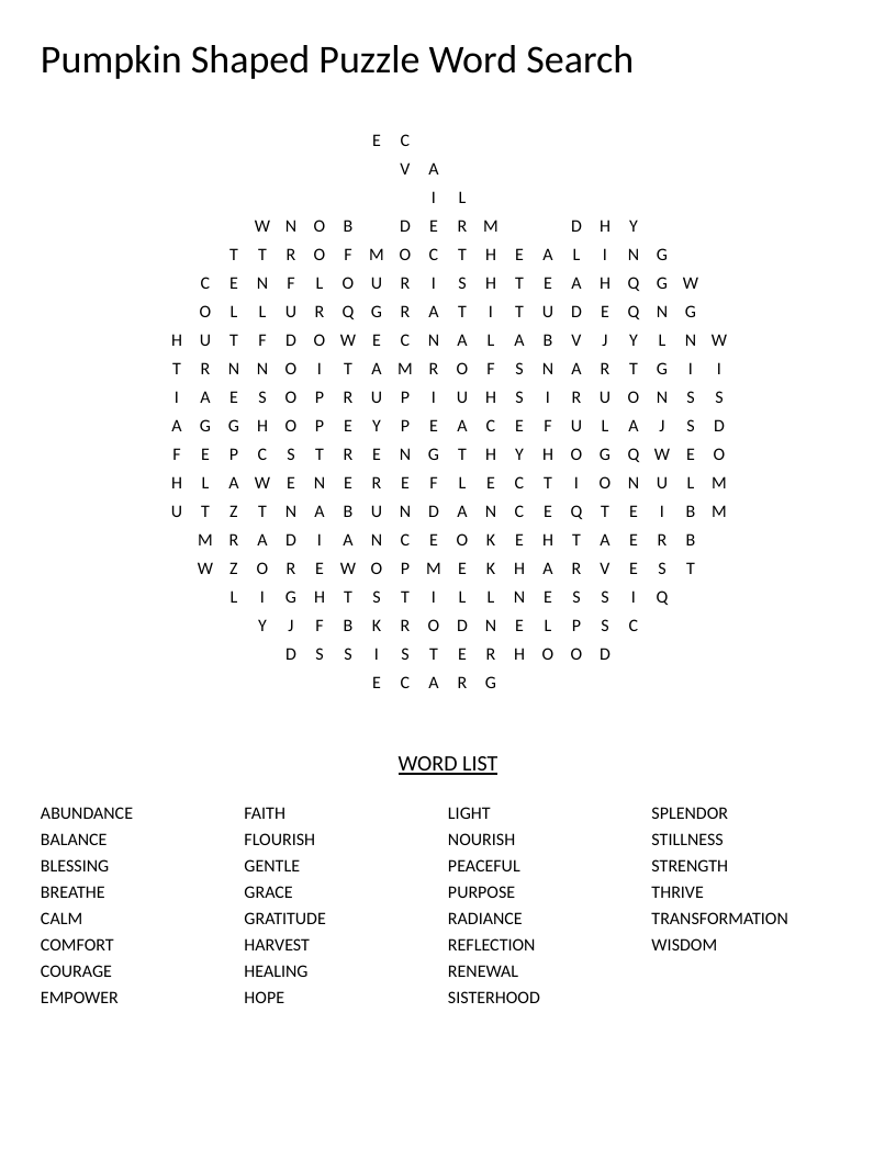 Pumpkin-shaped word search with autumn words like harvest, gratitude, and abundance.