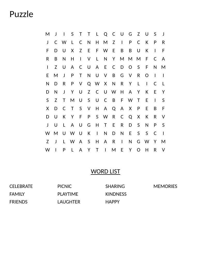 Celebration word search for young students with words like family, kindness, and laughter.