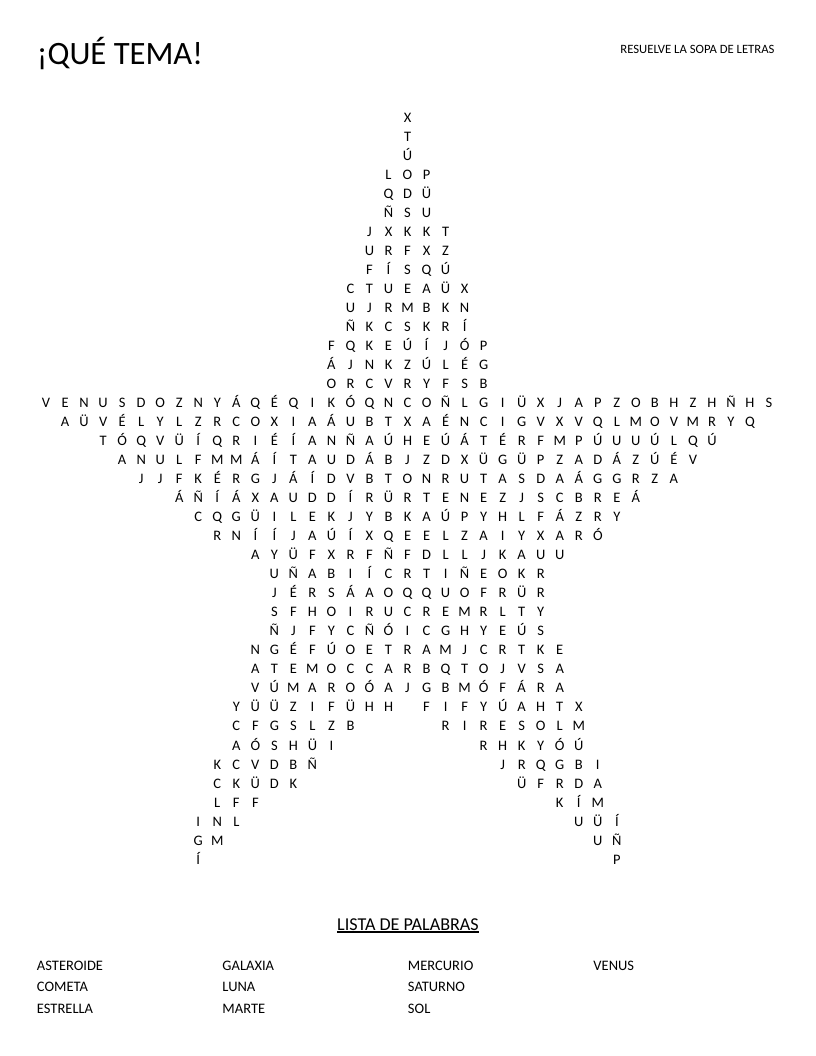 Star-shaped Spanish astronomy word search with words like Luna, Marte, and Saturno.