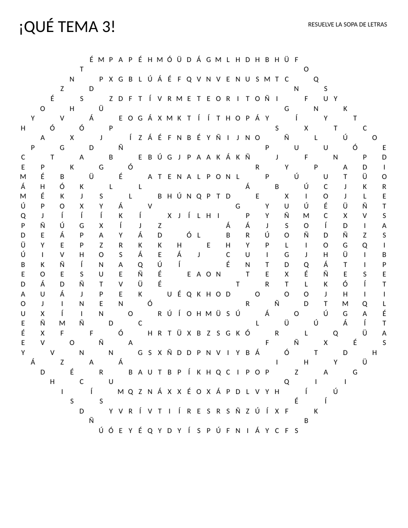 Spiral Spanish astronomy word search with solar-system words like Saturno and Júpiter.