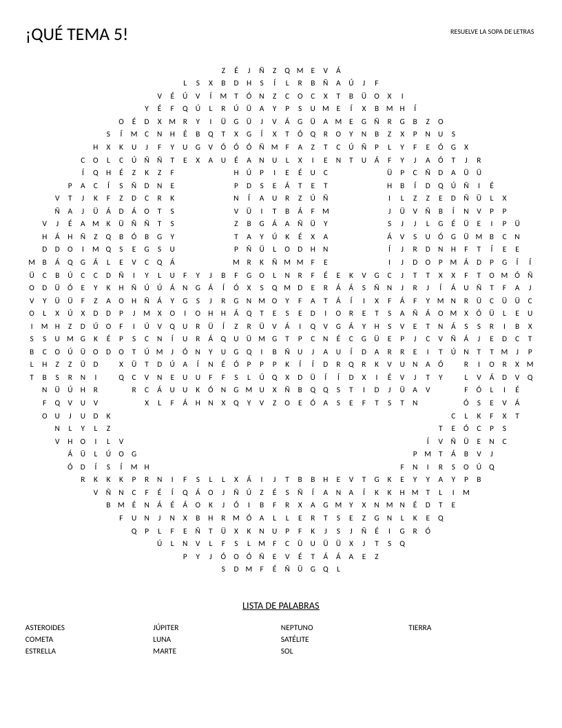 Spanish space word search in a smiley shape with planets and astronomy words.